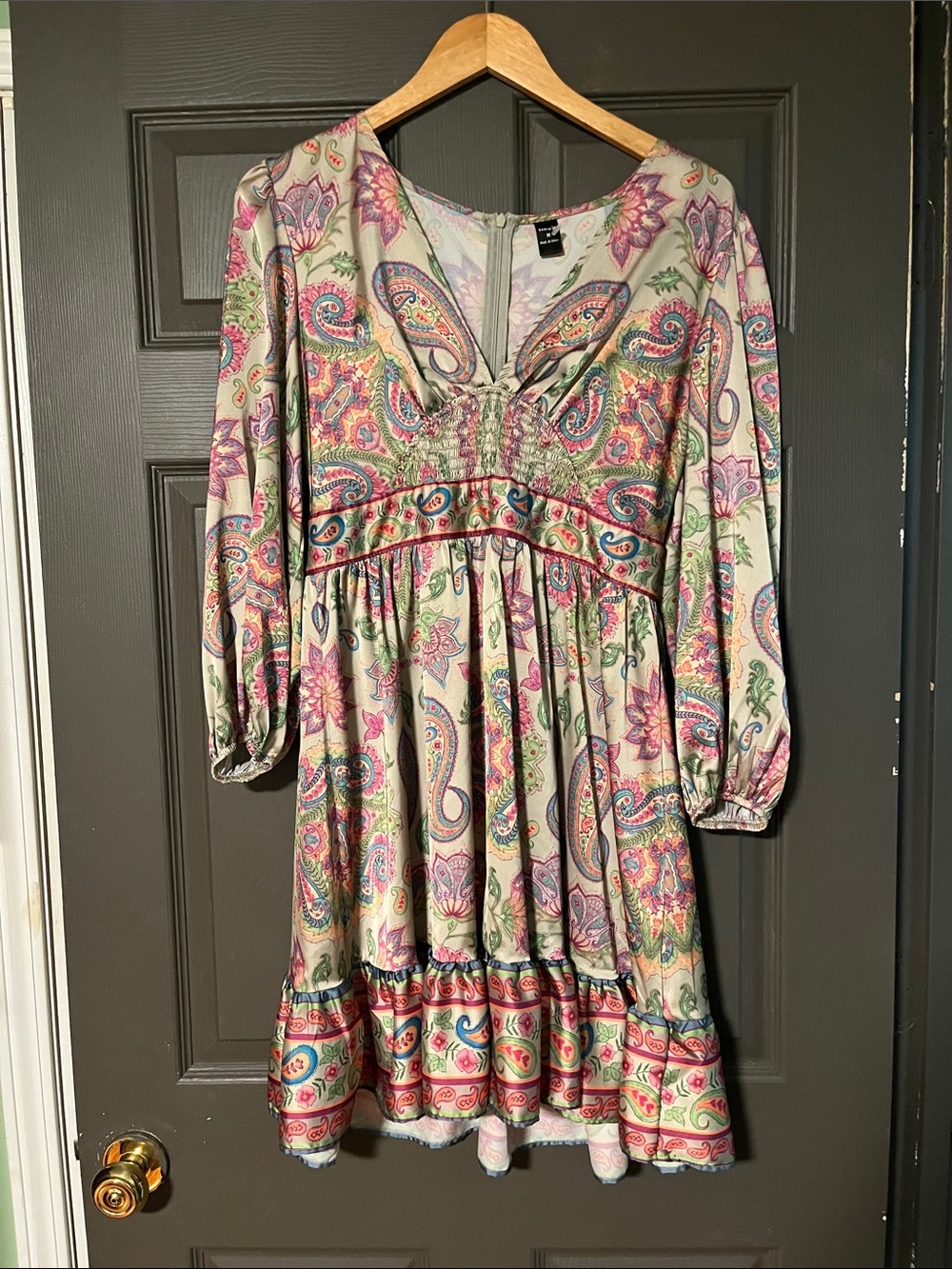 SHEIN Long Sleeve Paisley Mini Dress - Pink, Green & Cream